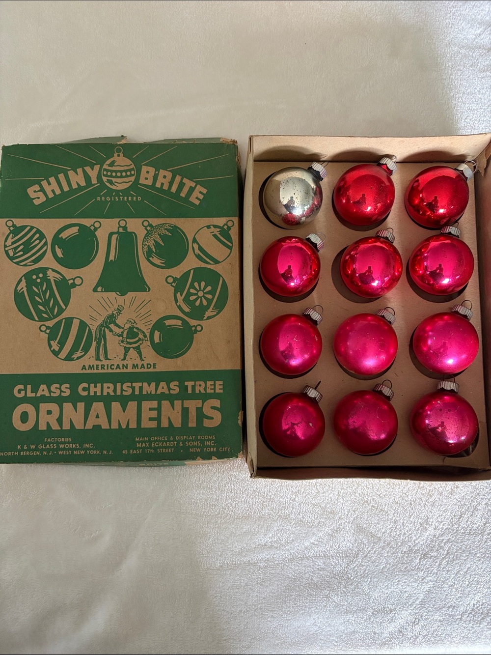 12 Vintage Shiny Brite 2” Christmas Glass Ornaments Red Pink Silver